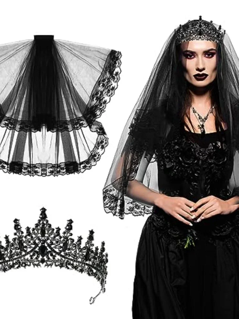 Gothic Bride Halloween Costume Set Black Veil and Tiara Crown Women Accessory